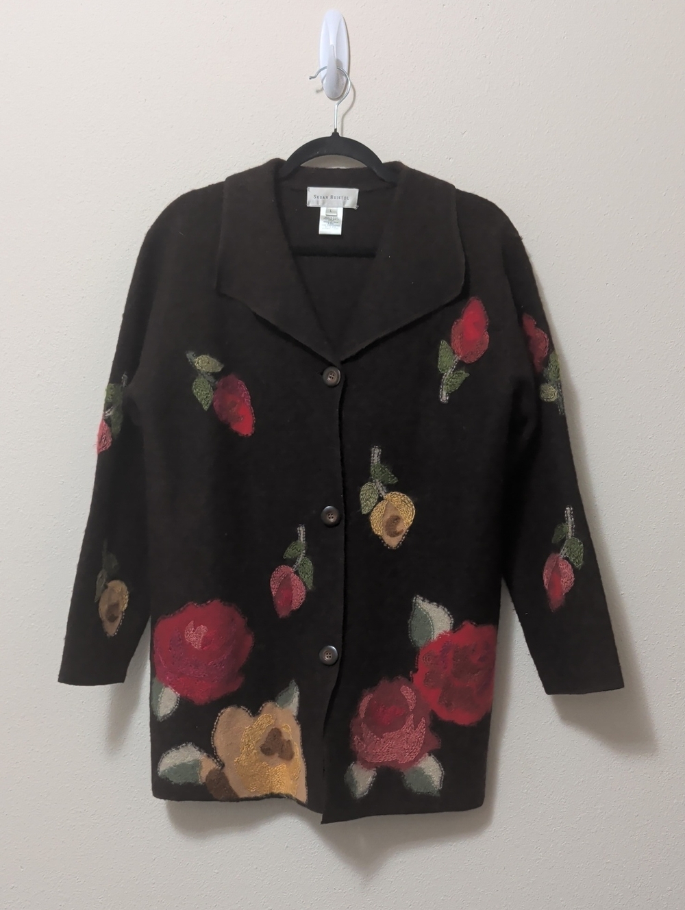 Susan Bristol Brown Teddy Jacket with Red and Yellow Floral Accents